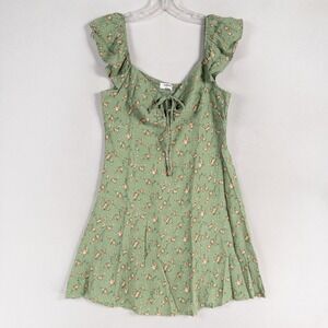 The Workshop Mini Dress Sz Large Green Floral Babydoll Milkmaid Flutter Sleeve